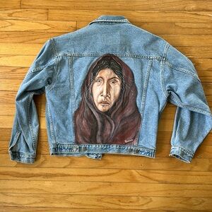 Vintage 90s GAP denim Jean jacket with hand painted native American theme.
